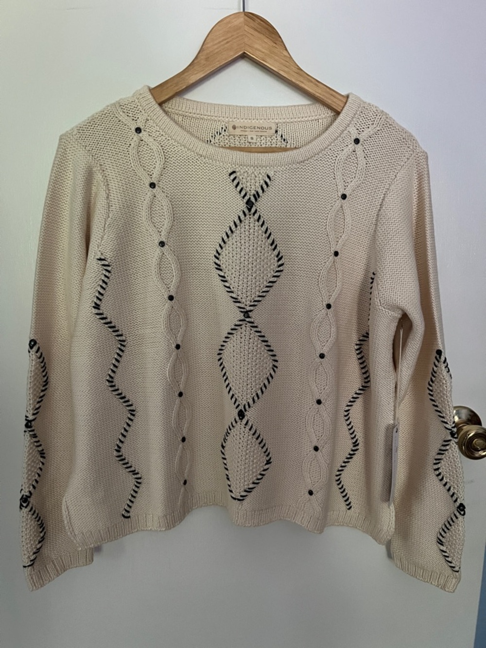 NWT Indigenous Ivory/Black Studded Cable Sweater size Small